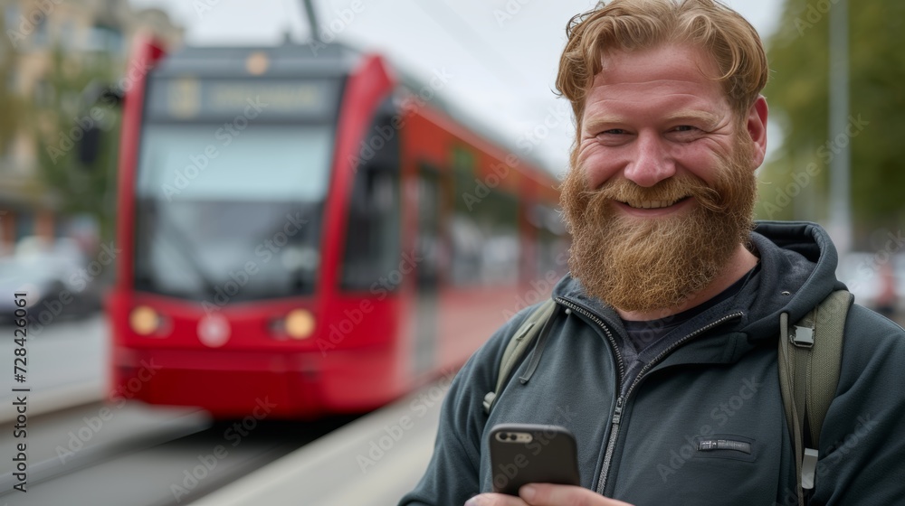 Poster joyful bearded man using smartphone and smiling while waiting at the train station