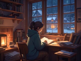 A cozy lofi girl studying in her warm generative ai