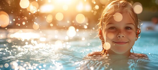 Young girl swimming in pool with copy space, enjoying refreshing water, close up shot