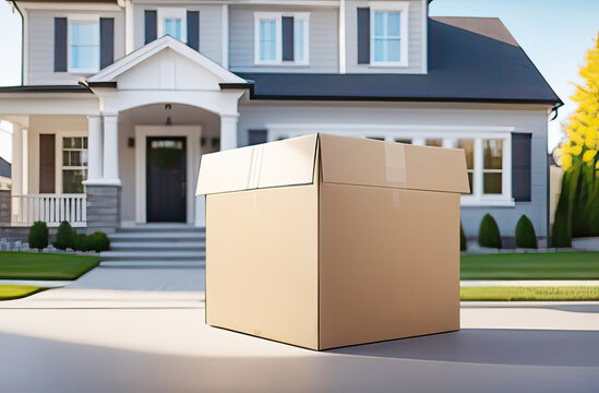 abstract cardboard box on residential house background, home delivery, moving houses, online shopping concept. High quality illustration