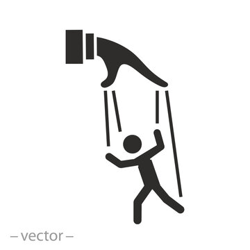 manipulation puppeteer authority icon, hand controlling puppet, social influence, flat symbol on white background - vector illustration