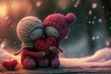 Two cartoon dolls, one pink and one blue, tenderly hold a heart between them, representing the pure and innocent love shared between toys - obrazy, fototapety, plakaty