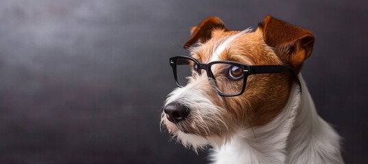 Smart dog wearing trendy black glasses, isolated on grey background with space for text