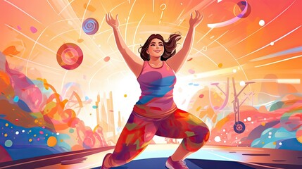 overweight woman doing stretching exercises at home, on a fitness mat.