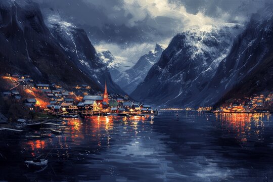 Amidst a dreamy blend of clouds and snow, a picturesque town reflects onto the tranquil waters of a lake nestled in the majestic mountains under the starry night sky