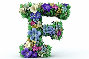 Vibrant 3d letter  f  crafted from freesia flowers in a modern style, isolated on white background.