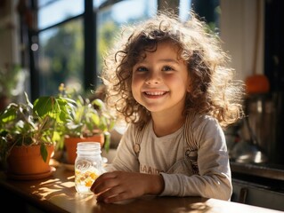 Fototapeta premium Happy Child Smiling with Sunlight in Cozy Kitchen