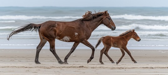 Mare and foal running free on sandy beach at sunrise with blue ocean, symbolizing freedom and power
