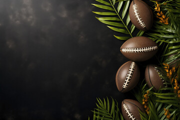 Sports style border design with rugby balls and flatlay grass background