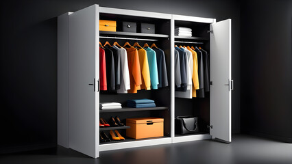 walk-in closet isolated on a black background. rack of dresses