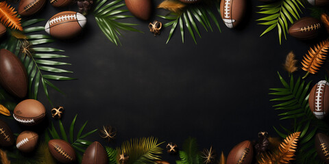 Sports style border design with rugby balls and flatlay grass background