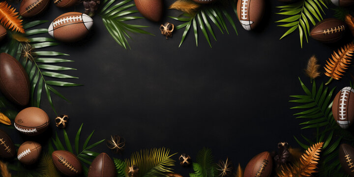 Sports style border design with rugby balls and flatlay grass background