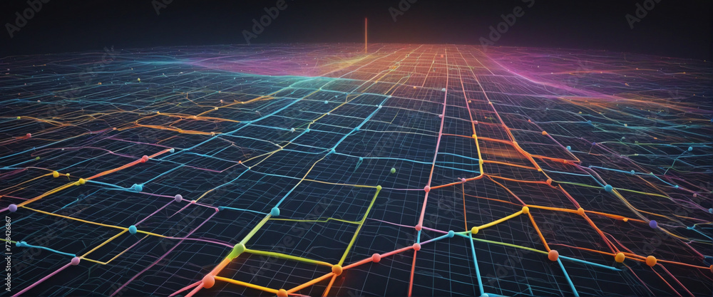 Aufkleber the digital grid wall and horizon. colorful structure of a network grid expanding across the digital