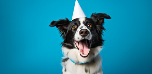 border collie dog wearing party hat, in the style of studio portraiture