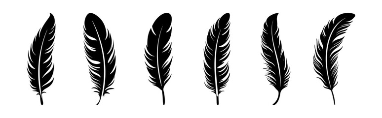 Obraz premium Feather vector illustration, black silhouette on white background. Lightweight sign, quill graphic element