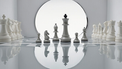 3d render, chess game white pawn piece stands in front of the round mirror with reflection of white queen. Contradiction metaphor. Ambitions concept. Minimalist composition