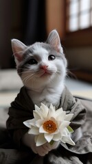 gray-white kitten a monk in a robe holding a beautiful flower lotus, vertical poster