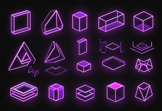 3d render, abstract geometric primitive shapes. Set of purple neon glass elements or icons isolated on black background. Glowing abstract clip art