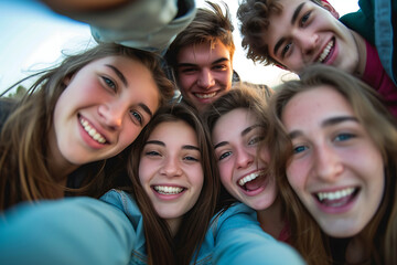 a group of happy friends taking a selfie while traveling or on vacation