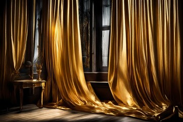 From an artistic viewpoint, a Gold-colored curtain adorns a window. 