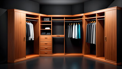wardrobe with clothes. wooden walk-in closet icon  isolated on a black background - obrazy, fototapety, plakaty