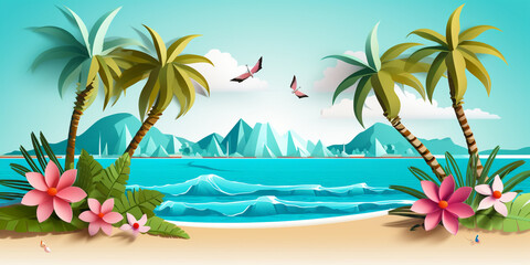 Fototapeta na wymiar Tropical beach with a tropical beach and palm trees. Paradise tropical beach landscape 