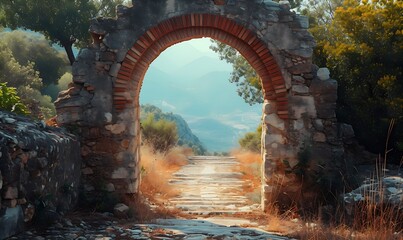 Naklejka premium Ancient stone arch gate with warm sunlight and historic pathway