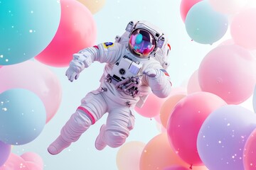 Astronauts defy gravity and soar among the clouds, buoyed by colorful balloons and protected by their pressure suits