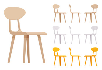 Kitchen dining chairs big set for bistro tea table, breakfast bar. Living room, natural wooden family cafe interior. Vector flat style cartoon home, office furniture objects isolated, white background