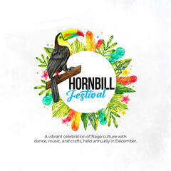 Hornbill Festival Poster - Bird and Tribal Elements: Honor the Hornbill Festival with this vibrant poster featuring a hornbill bird and traditional tribal elements © Deepa