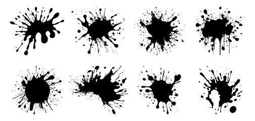 Ink splash vector illustration, black silhouette on white background. Paint splatter, dirty spot grunge graphic element
