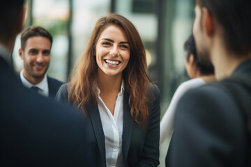 smiling woman business woman meeting with group of business partners talking to each other