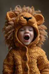 Toddler in a handknit lion costume, toddler pretending to roar.
