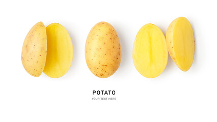 Raw new potatoes banner top view isolated on white background.
