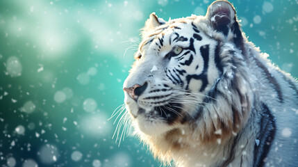 tiger image with green sky in snow, in the style of white and cyan