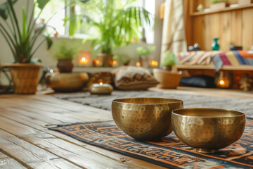 Singing Tibetan bowls, meditation sounds, metal bowls stand on a wooden floor among green plants