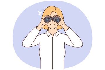 Smiling woman look in binoculars explore new opportunities