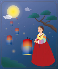 Korean holiday night background illustration with a person wearing hanbok holding a lantern