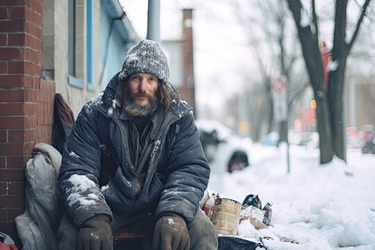Amid the urban hustle, a homeless man seeks refuge under a blanket on the city street, symbolizing the plight of those without shelter.