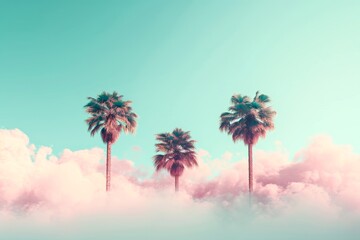 Obraz premium A surreal landscape with towering palm trees reaching for the sky among fluffy clouds, blending the boundaries between nature and imagination