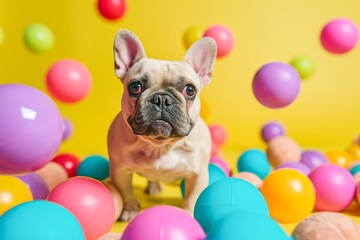 A majestic golden retriever stands proudly amidst a sea of colorful balls, his playful energy radiating as he surveys his indoor kingdom
