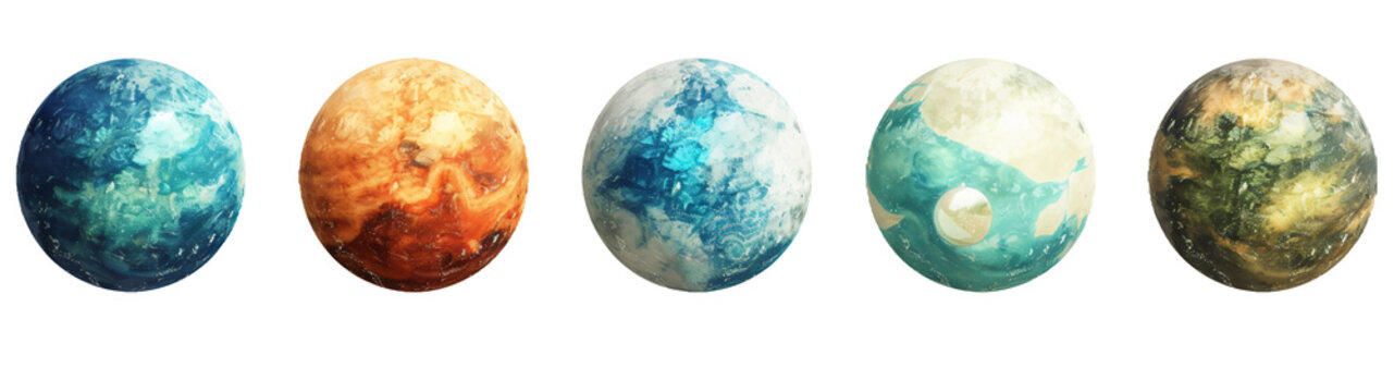 Set of fantasy planets isolated on white or transparent background.