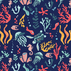 Undersea world. Abstract pattern with sea turtles, jellyfish, fish, algae and coral. Vector repeating pattern for fabric, textile, wallpaper, cards.