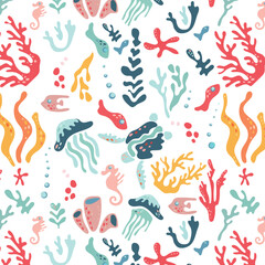 Undersea world. Abstract pattern with sea turtles, jellyfish, fish, algae and coral. Vector repeating pattern for fabric, textile, wallpaper, cards.