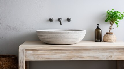 Fototapeta na wymiar Minimalist bathroom with white square vessel sink and chrome faucet in sleek design
