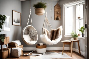 Design a cozy corner with a hanging chair and a soft faux fur throw  - obrazy, fototapety, plakaty