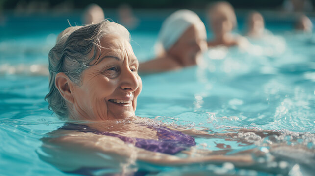 Active senior women doing water aerobics,