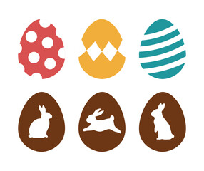 Easter eggs with colorful modern pattern. Chocolate egg. Bunny, Rabbit. Cute cartoon design elements for happy seasonal holiday greeting card, poster, ads banner, promotion, party decoration.