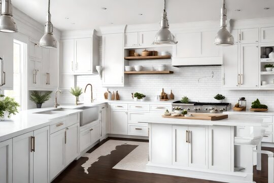 Design a monochromatic kitchen with white cabinets, countertops, and subway tile 