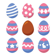 Easter eggs with colorful modern pattern. Chocolate egg. Bunny, Rabbit. Cute cartoon design elements for happy seasonal holiday greeting card, poster, ads banner, promotion, party decoration.